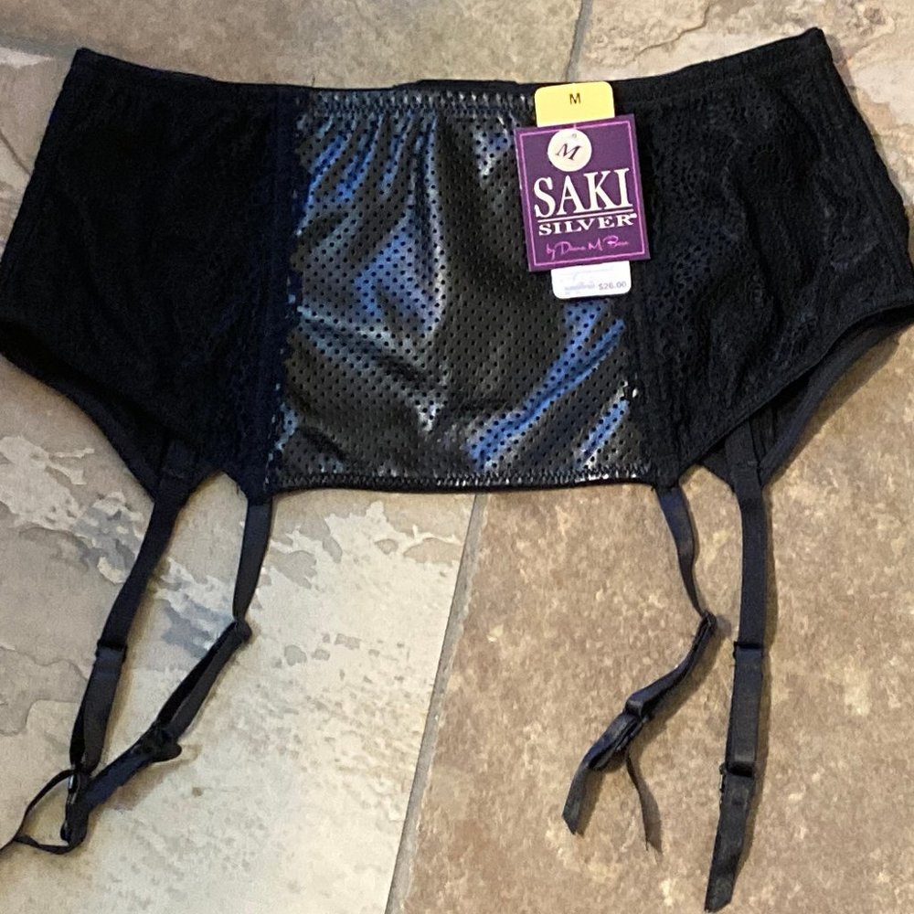SAKI D M Bara M Black Faux Leather Lace Garter Blt